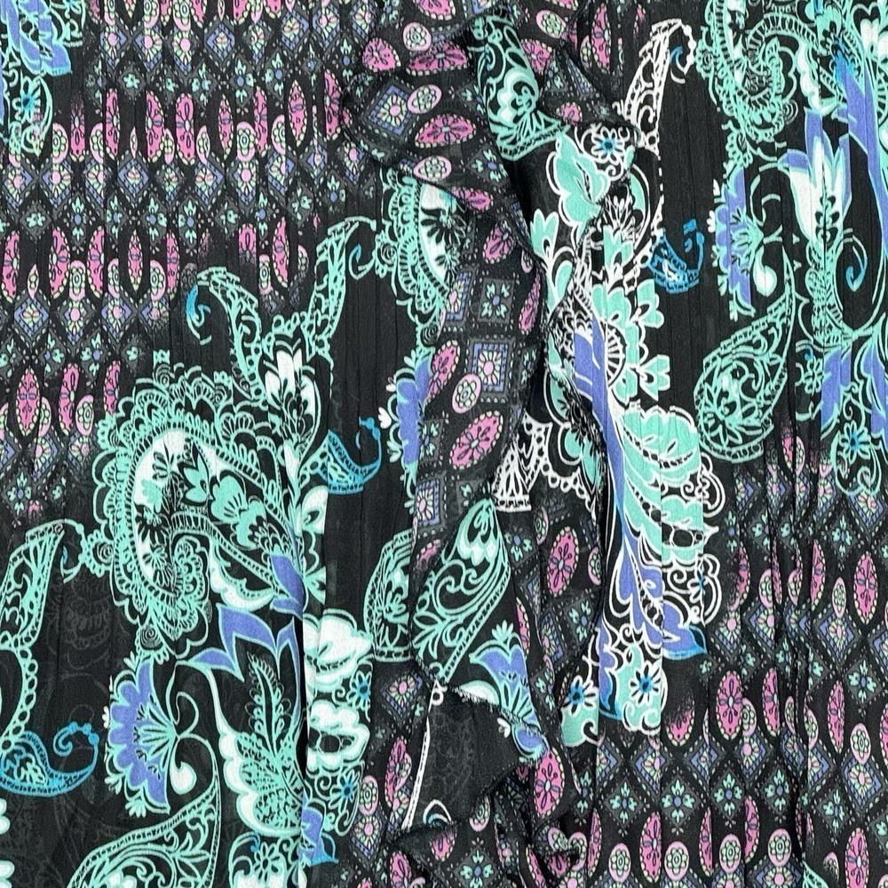 Roamans 16W XL Shirt Top Black Green Paisley Button Up Bell 3/4 Sleeve V Neck - Picture 8 of 8